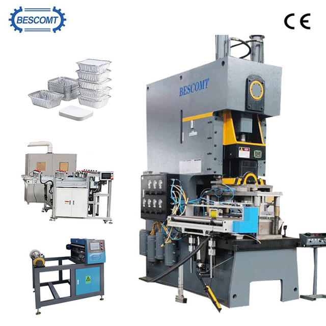 Vollautomatische Produktionslinie f&uuml;r Aluminiumfolienbeh&auml;lter | 45T/63T Presse | SPS-gesteuert | Hohe Geschwindigkeit 40-80 St&uuml;ck/min | Automatische Stapel- und Abfallballenpresse